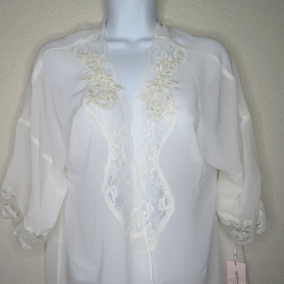 Linea Donatella Sheer Chiffon Open Front Robe S/M White Lace Pearls Knee Length - Picture 2 of 16